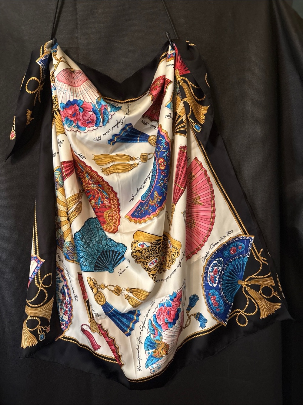 Avon Vintage Antique Fan Motif Square Scarf One Size Black Vintage Elegance EUC